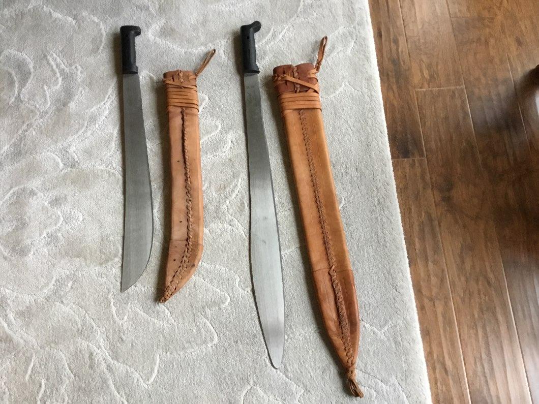 Photo of 2 Machete's c / w Mexican Hand Made Bull Hide Leather Scabbards